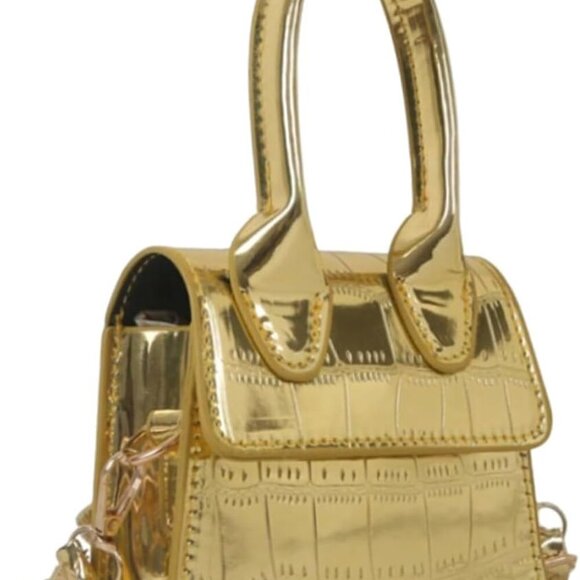 Women's Mini Crocodile Embossed Gold Metal Flap Crossbody Handbag - Picture 1 of 7